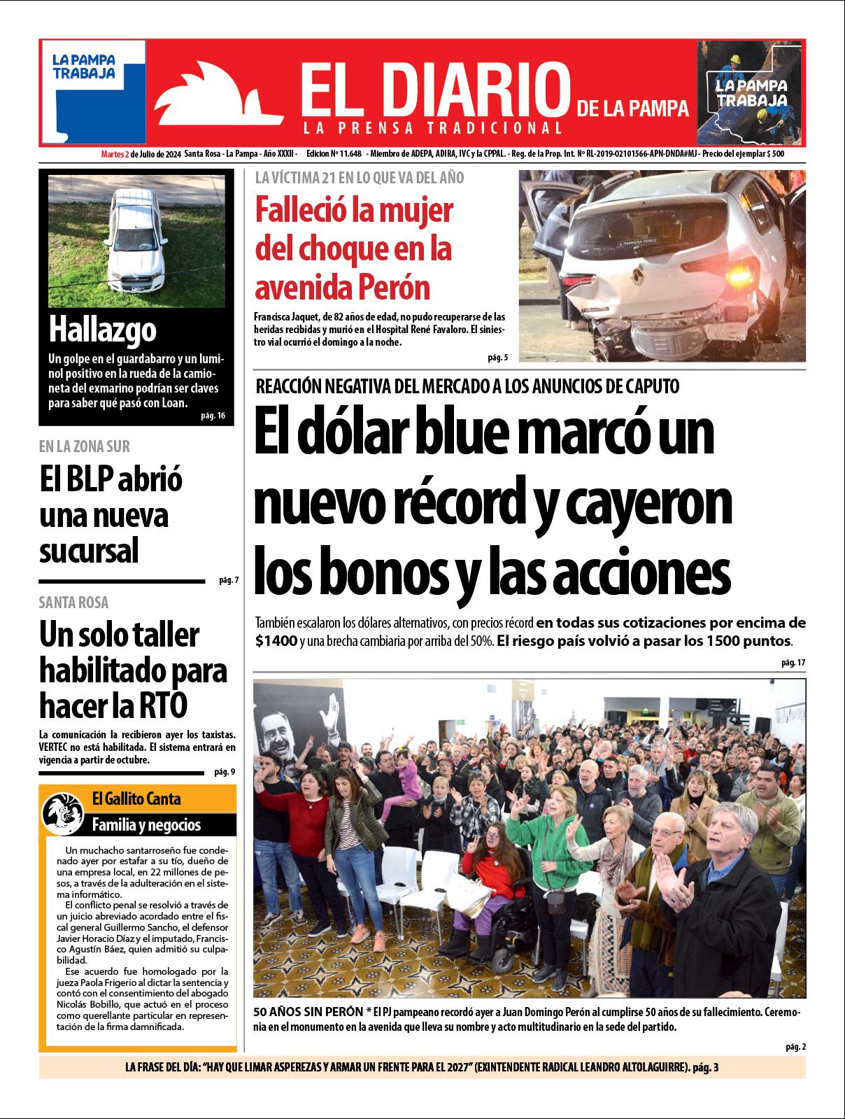 Tapa de El Diario en papel  martes 02 de julio de 2024